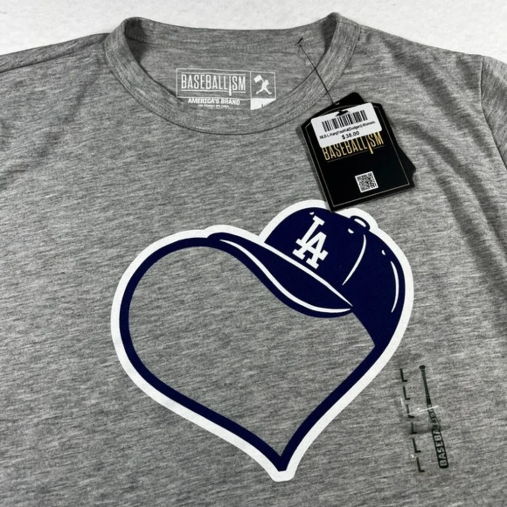 Baseballism‎ Los Angeles Dodgers Heart Cap Graphic T-Shirt Gray Kids Large NWT